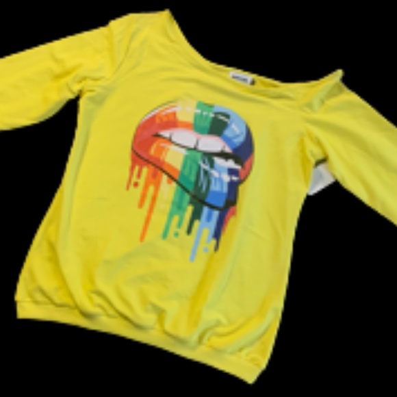 MagicMK Women's Shirts Rainbow Mouth Lips Off the Shoulder - Picture 9 of 13